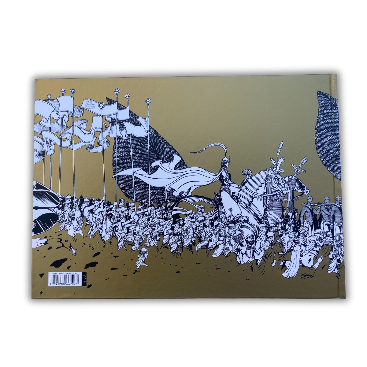 Quatrième de couverture noir, blanc et or du roman graphique Le chevalier à la peau de tigre publié par Modern Times